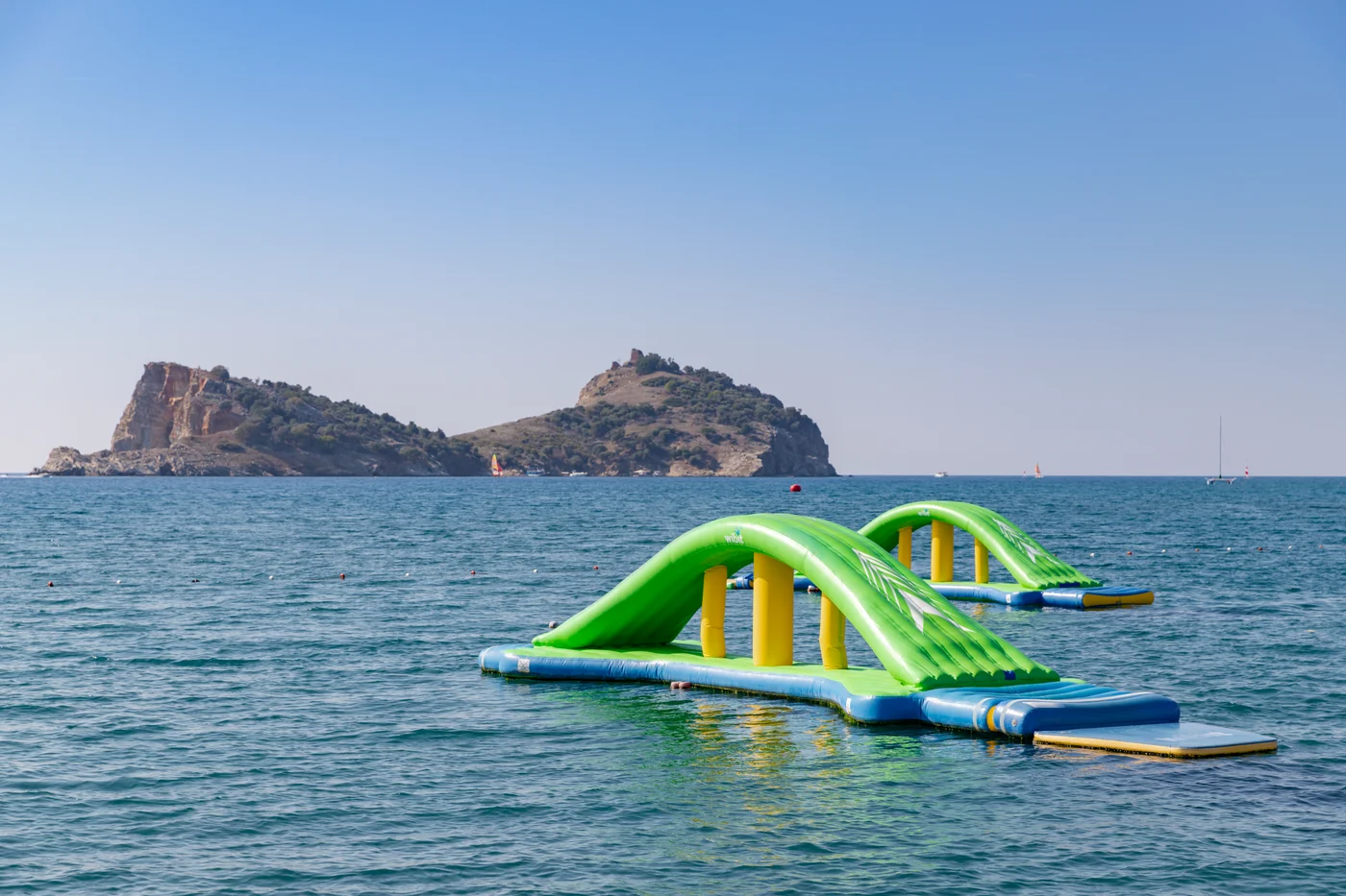 An inflatable water park on the sea